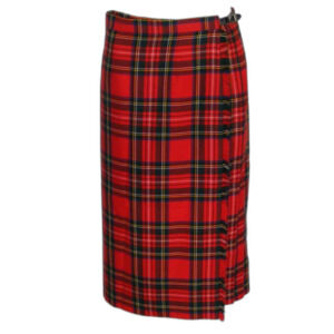 PITLOCHRY KNITWEAR Midi Wrap Skirt, 14, Red Plaid, Buckles, Fringe edge
